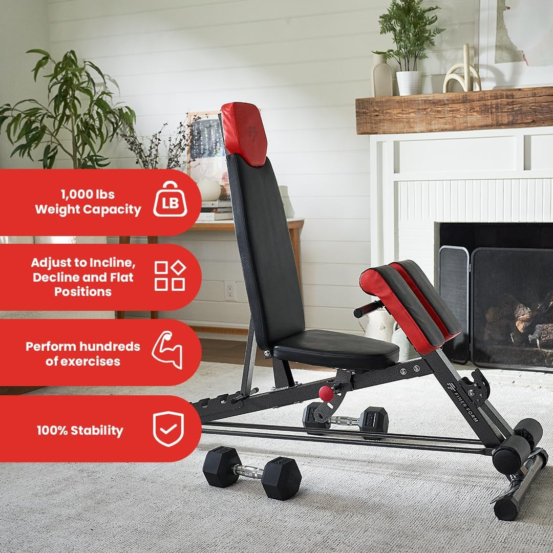 Finer Form Multi-Functional FID Weight Bench for Comprehensive Full-Body Workouts – Hyper Back Extension, Roman Chair, Adjustable Ab Sit-Up Bench, Incline/Decline Bench, Flat Bench