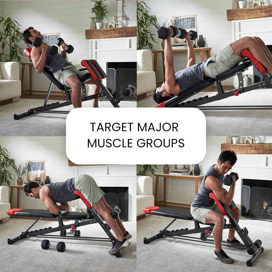 Finer Form Multi-Functional FID Weight Bench for Comprehensive Full-Body Workouts – Hyper Back Extension, Roman Chair, Adjustable Ab Sit-Up Bench, Incline/Decline Bench, Flat Bench