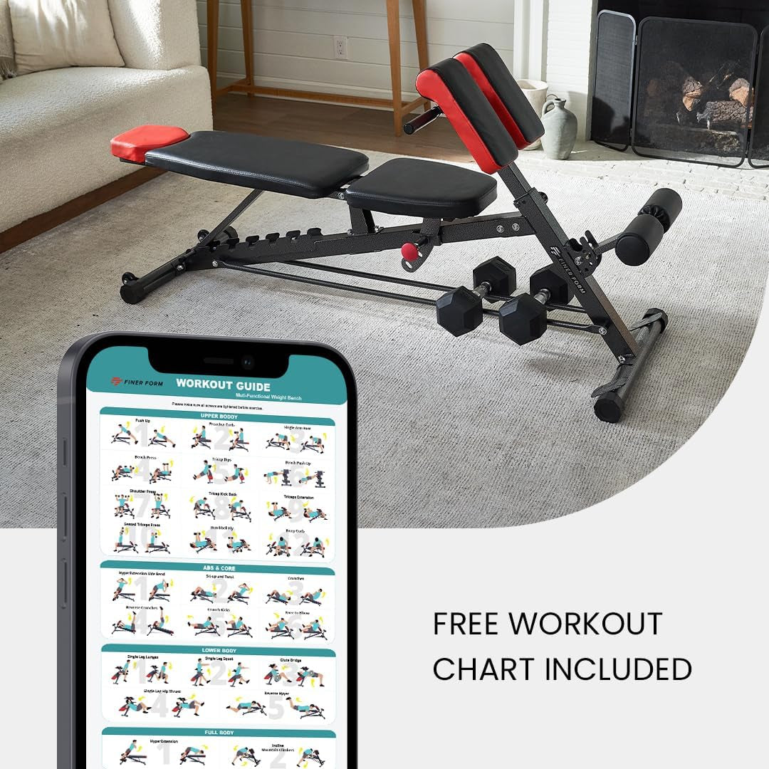 Finer Form Multi-Functional FID Weight Bench for Comprehensive Full-Body Workouts – Hyper Back Extension, Roman Chair, Adjustable Ab Sit-Up Bench, Incline/Decline Bench, Flat Bench