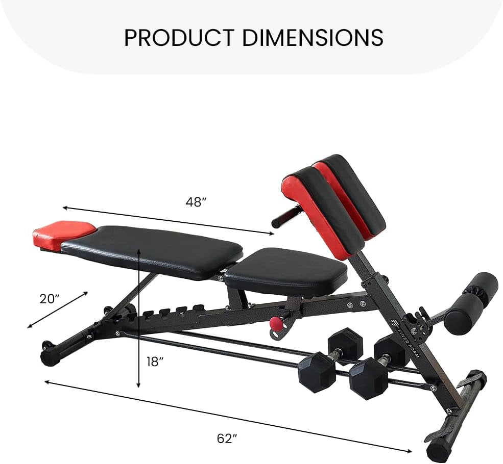 Finer Form Multi-Functional FID Weight Bench for Comprehensive Full-Body Workouts – Hyper Back Extension, Roman Chair, Adjustable Ab Sit-Up Bench, Incline/Decline Bench, Flat Bench