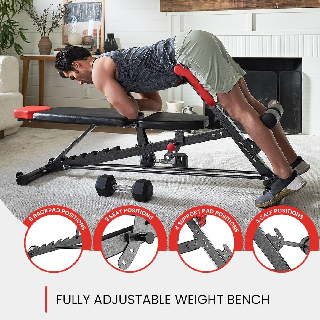 Finer Form Multi-Functional FID Weight Bench for Comprehensive Full-Body Workouts – Hyper Back Extension, Roman Chair, Adjustable Ab Sit-Up Bench, Incline/Decline Bench, Flat Bench