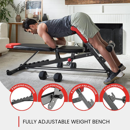Finer Form Multi-Functional FID Weight Bench for Comprehensive Full-Body Workouts – Hyper Back Extension, Roman Chair, Adjustable Ab Sit-Up Bench, Incline/Decline Bench, Flat Bench
